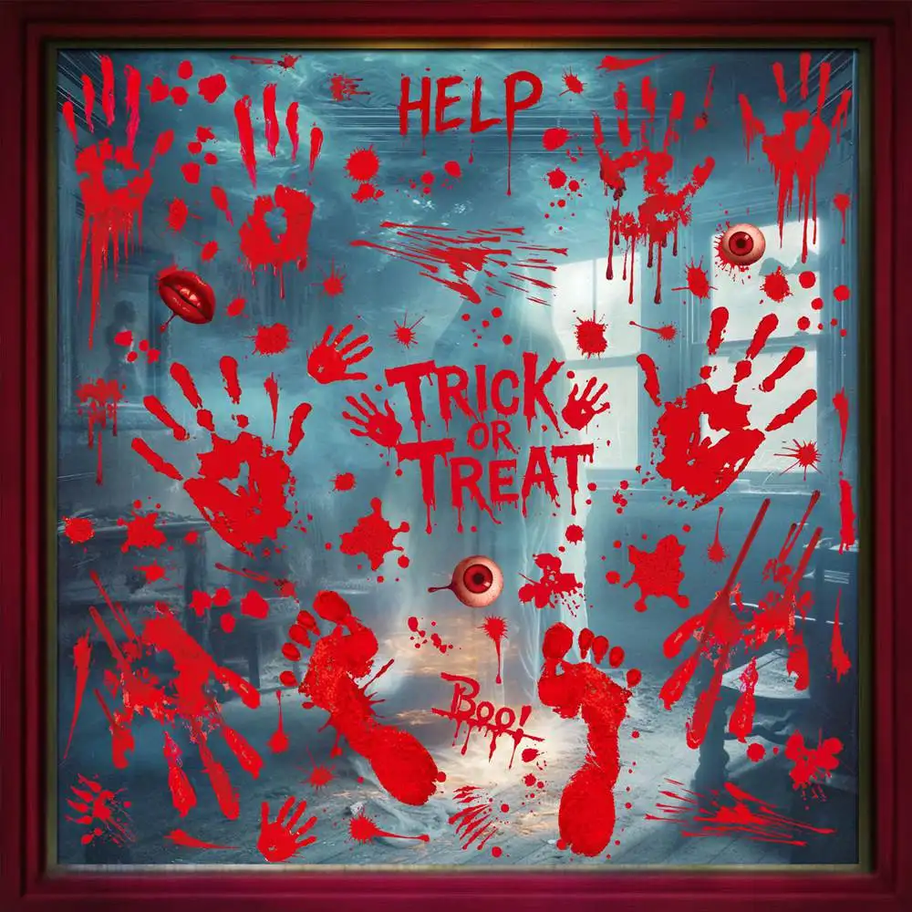 Scary Halloween Window Stickers Bloody Handprint Monster Glass Door Decals for Decoration
