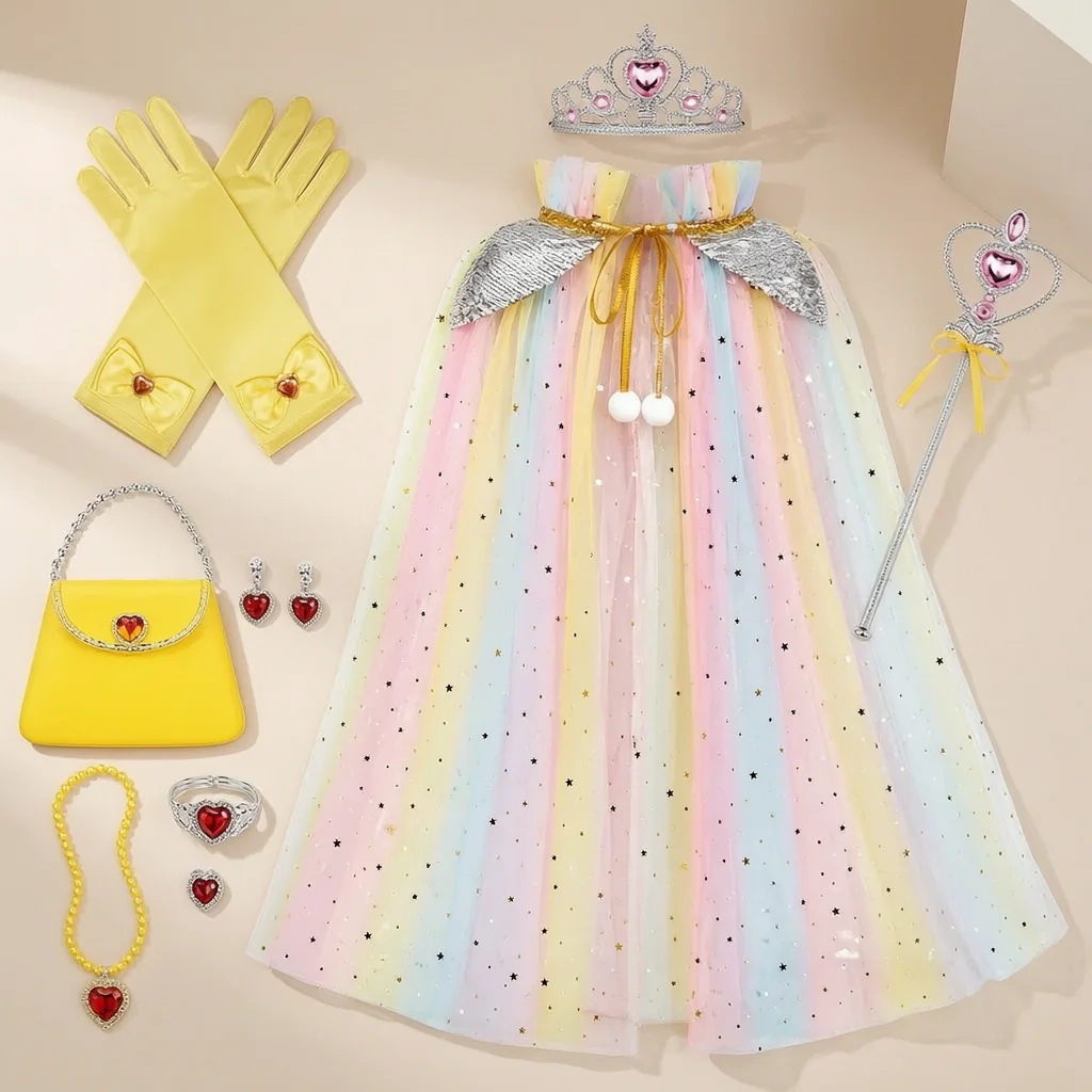 Princess Cloak Costume Cape Set Princess Fluffy Sequin Gauze Crown Handbag Cosplay Party Queen Fancy Dress Cute