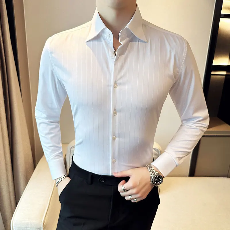 High Quality Men Dark Striped Shirts 2026 New Fashion Long Sleeved Slim Fit Business Casual Shirt Tuxedo Solid Men Clothing