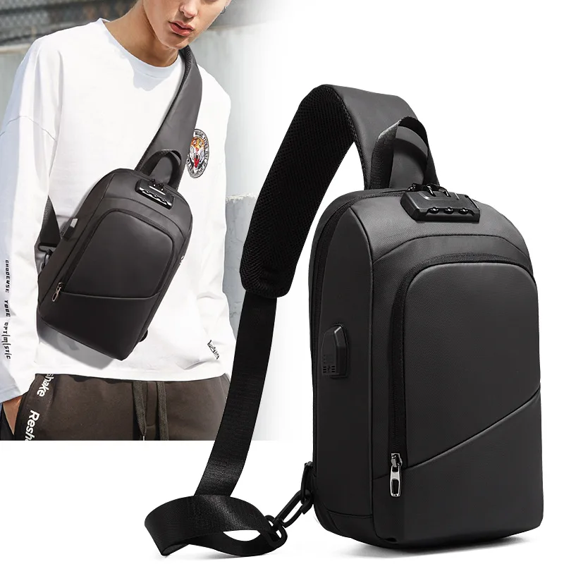 Men's waterproof polyester hand-held shoulder bag, usb interface password lock anti-theft large-capacity crossbody bag
