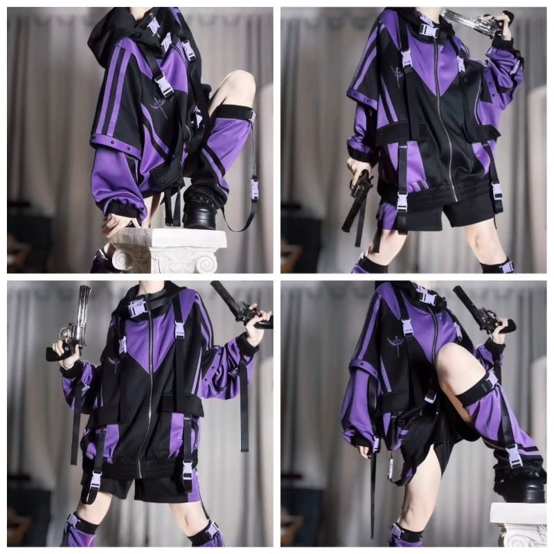 Contrast Zipper Oversized Hooded Jacket Women Y2K Punk Japanese Harajuku Subculture Casual Street Loose Daily Outer Garment