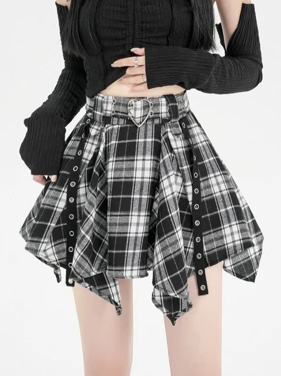 

Retro Distred f Skirt Women's Spring Autumn Plaid A-Line Skirt Anti-Light Asymmetrical Color Colion Skirt