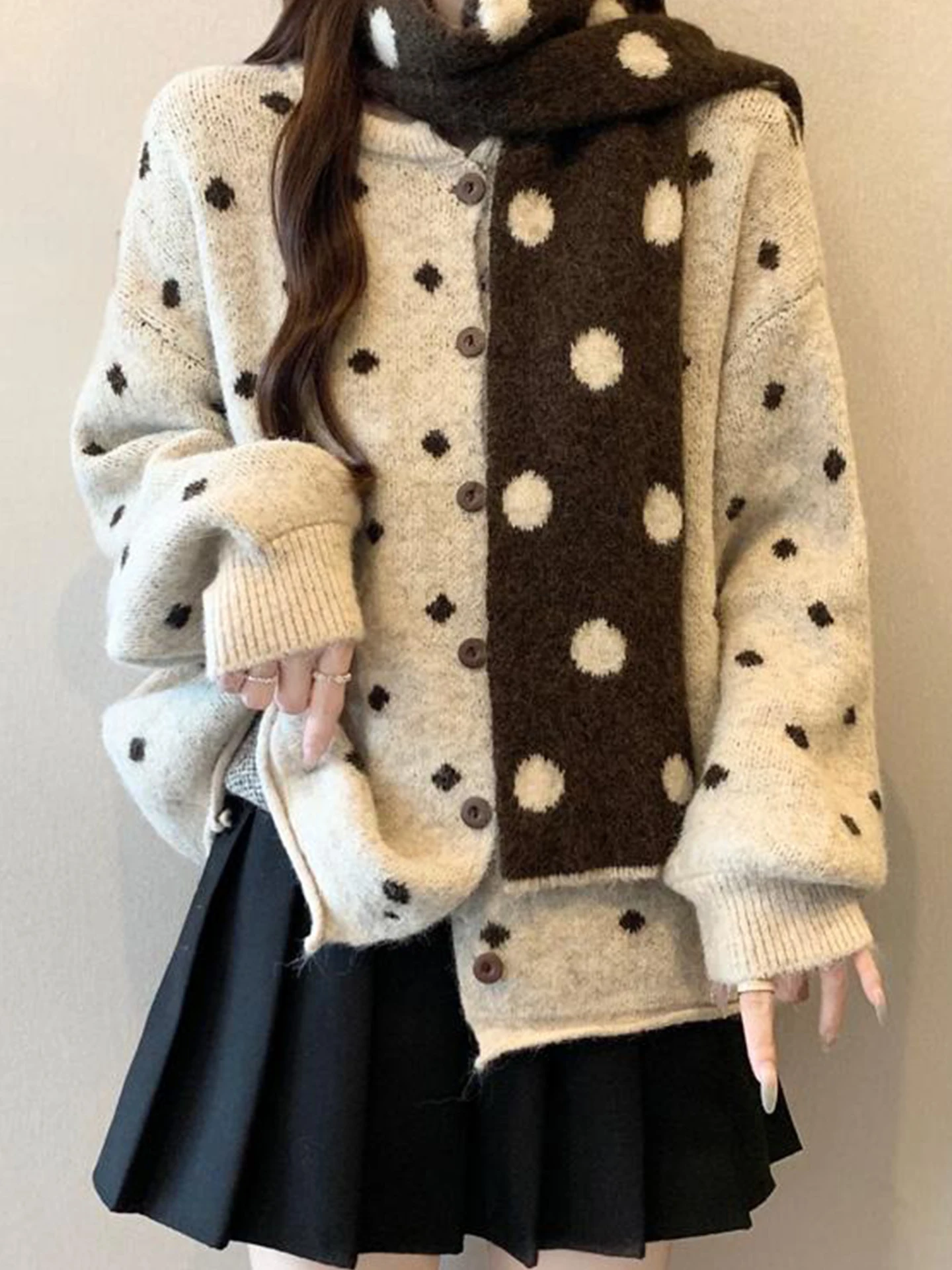 

Korean Polka Dot Knitted Open Cardigan Women's Loose Soft Winter Outerwear with Scarf Autumn Winter plus Size Warm Sweater