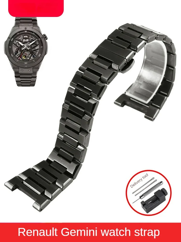 Concave Stainless Steel Watch Strap Compatible with R-e-n-a-ult Gemini 8840129 8840119 Titanium Gray Stainless Steel Strap Chain