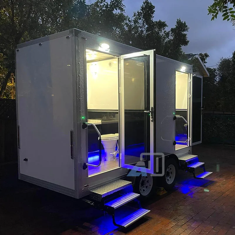 2 Stalls Portable Toilet Trailer Solar Panels Eco-Friendly Modern Design Fiberglass Restroom Trailer for Outdoor Events Exterior