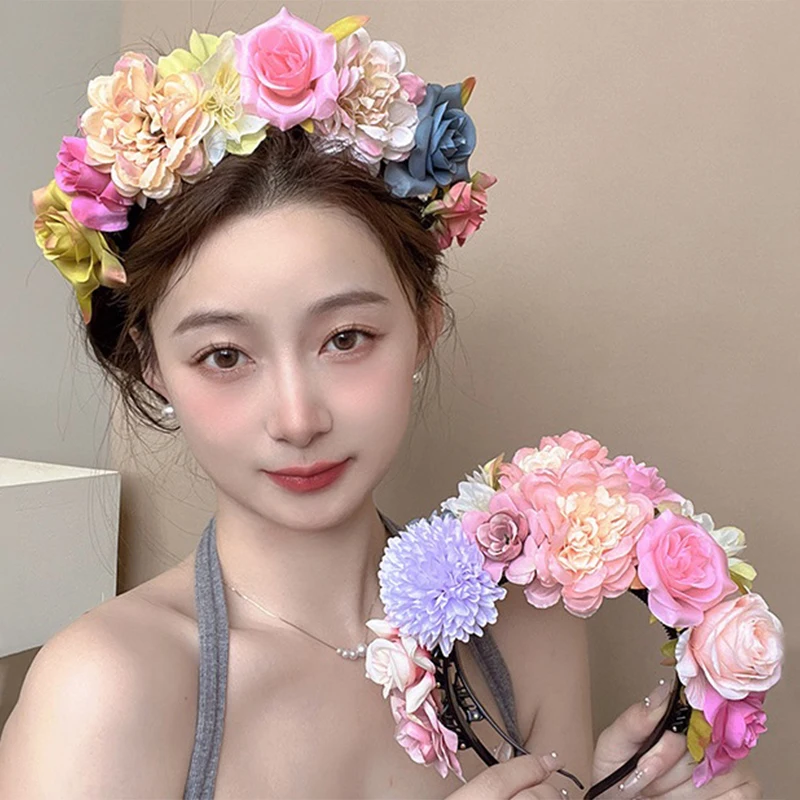 Colorful Floral Garland Sweet Hair Hoop Hair Ornaments Children Flower Headband Simulation Flower Headwear Bridal Crown Wedding