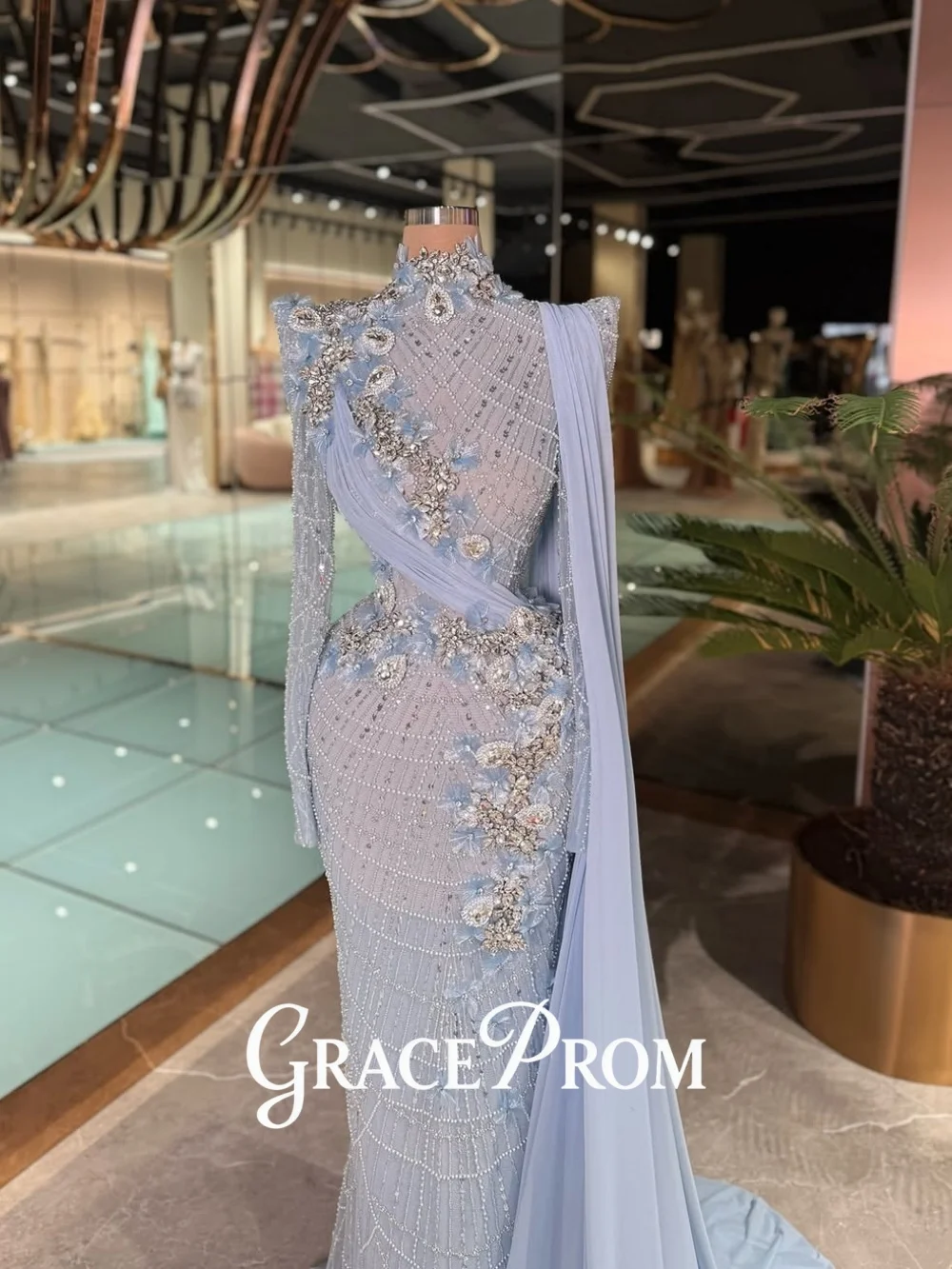 

GraceProm Dreamy Light-Blue Evening Dress 2026 3D-Floral Carpet Gown 3D-Floral Carpet Gown A-Line Floor-Length Party Gown ف