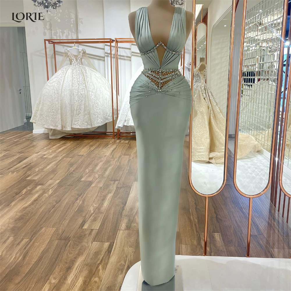 

LORIE Pleated Mermaid Evening Dresses Crystals Shiny Satin V-Neck Formal Prom Dress Saudi Arabia Dubai Celebrity Party Gowns