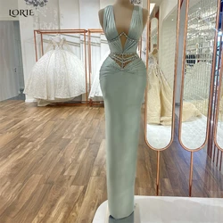 LORIE Pleated Mermaid Evening Dresses Crystals Shiny Satin V-Neck Formal Prom Dress Saudi Arabia Dubai Celebrity Party Gowns