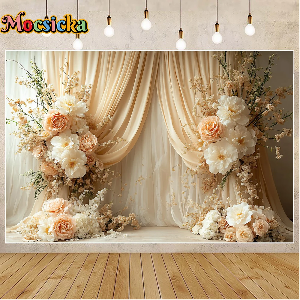 خلفية تصوير على شكل قوس وردي من Mocsicka، أرضية حجرية رمادية فاتحة، إضاءة سينمائية واقعية، خلفية صورة استوديو باستيل ناعمة