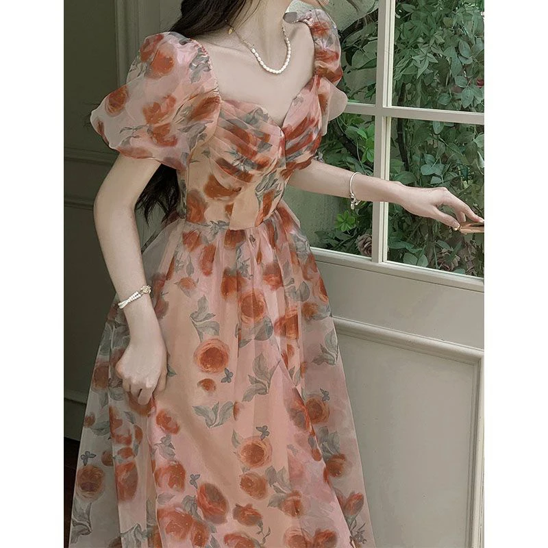 Summer Square Collar Elegant Fashion Floral Printing Folds Dress Female Sweet Vintage Short Sleeve Vestidos Women Casual Robe