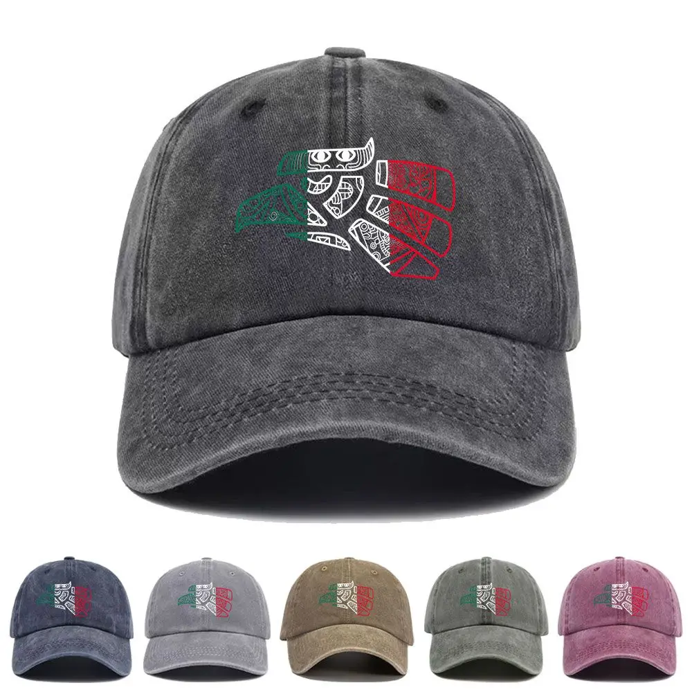 Vintage Washed Baseball Cap Mexico Aztec Calendar Eagle Print Graphic Unisex Streetwear Casual Trucker Style  Cotton Sun Hat