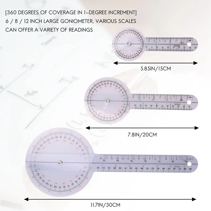 3-Piece Goniometer 6/8/12 Inch Occupational Therapy Protractor Tool Measuring Angle Ruler 360 Degree Universal