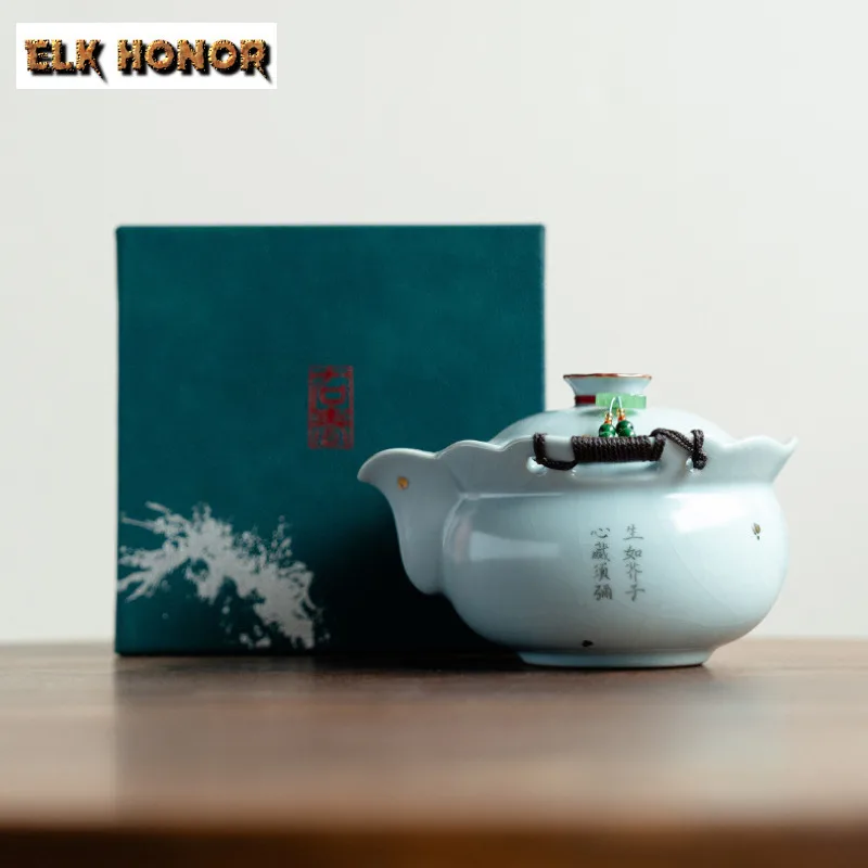 

200ml Ru Kiln Handwritten Poem Hand Grab Teapot Traditional Tea Infuser Pot Tea Soaking Kettle With Strainer For Tea Collection