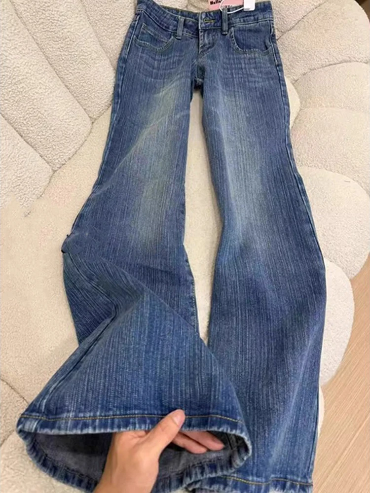 

Y2K Deep Blue Bamboo Striped Jeans Women Retro Micro Flared Non Stick Leg Low Waist Loose Flared Pants