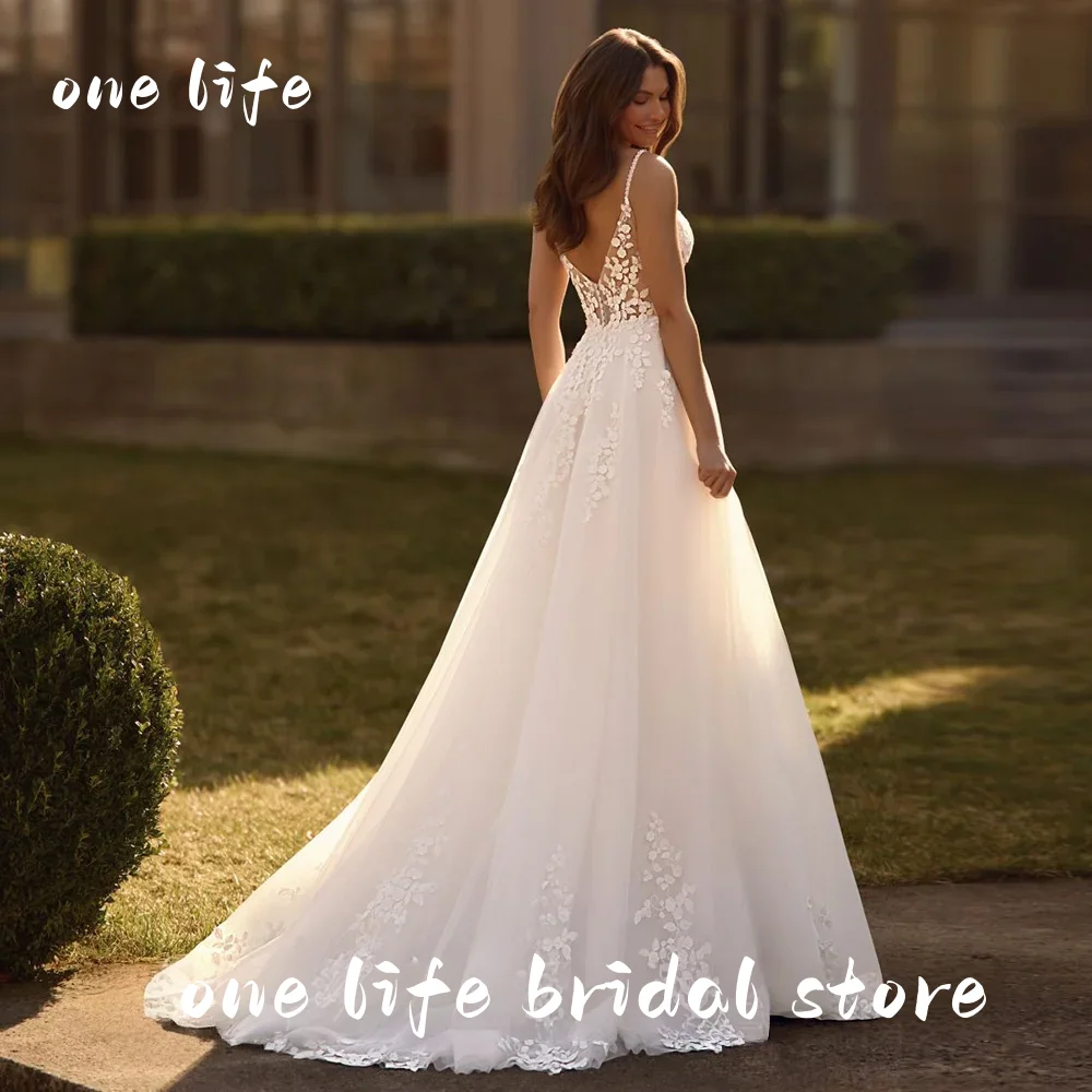ONE LIFE Boho Wedding Dress Customized Spaghetti Straps V Neck Beading Applique Back Zipper Sweep Train Bridal Gown for Bride