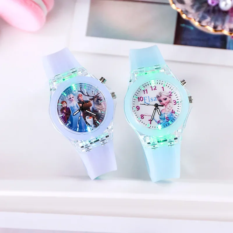 Disney Girls Kids Watches Children Watch Frozen Princess Aisha Sophia Luminous Student Colorful LED Light Women Clock