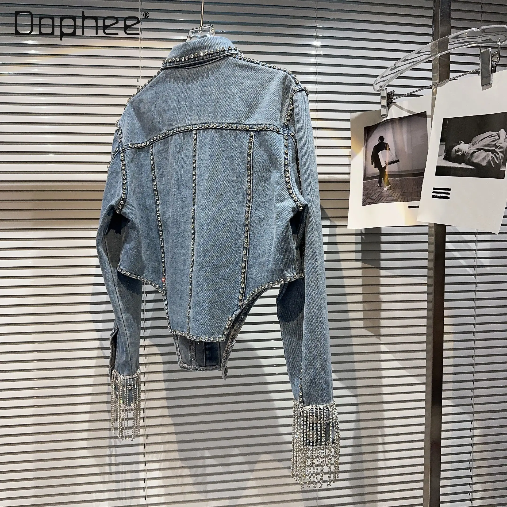 Hot Girl Rhinestone Tassel Bead Jean Jacket Women 2023 Autumn New Streetwear ladies Single-breasted Insertion Denim Short Coat