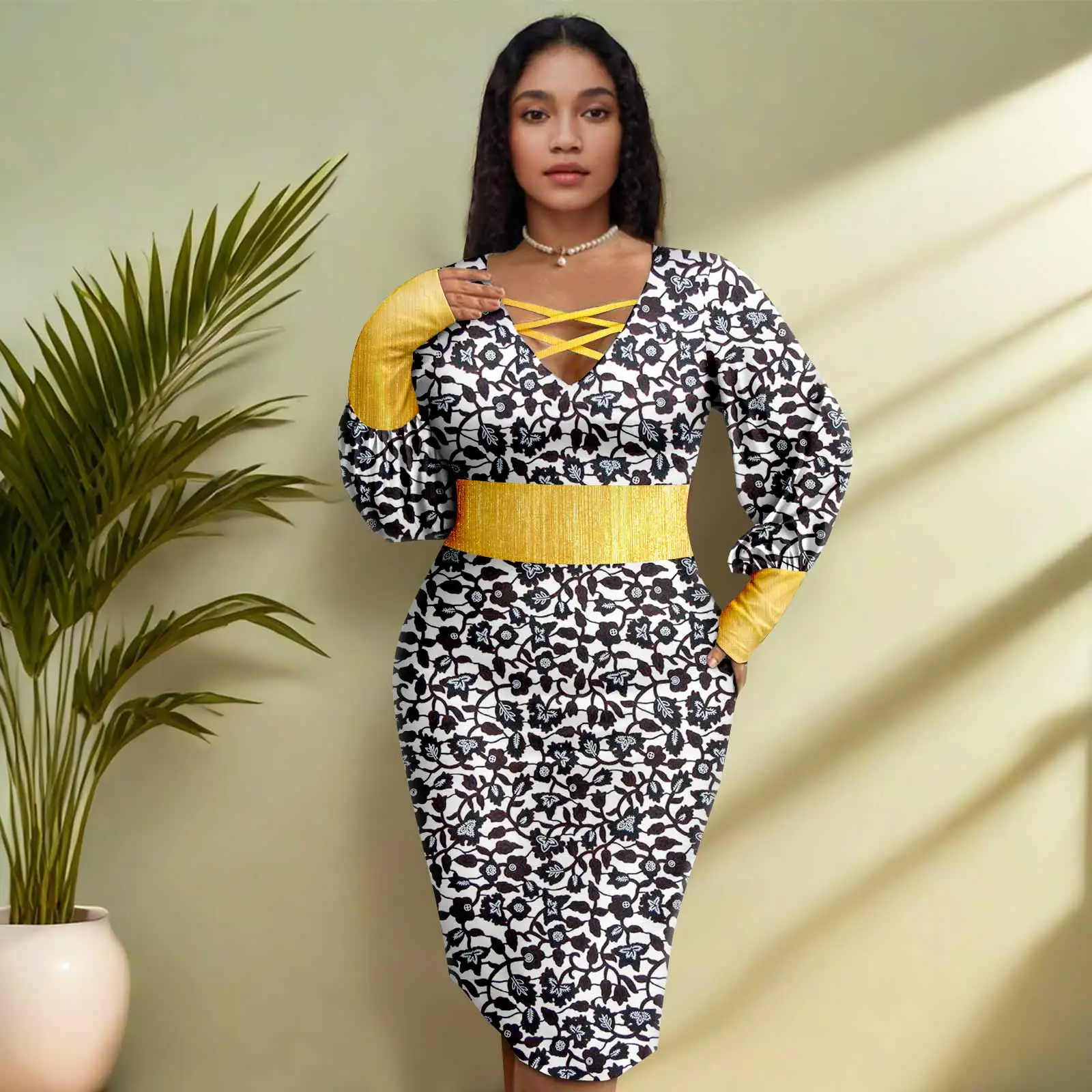 Abito da donna stampato Africa Ankara Abiti sexy a maniche lunghe impreziositi da paillettes dorate con scollo a V 2425147