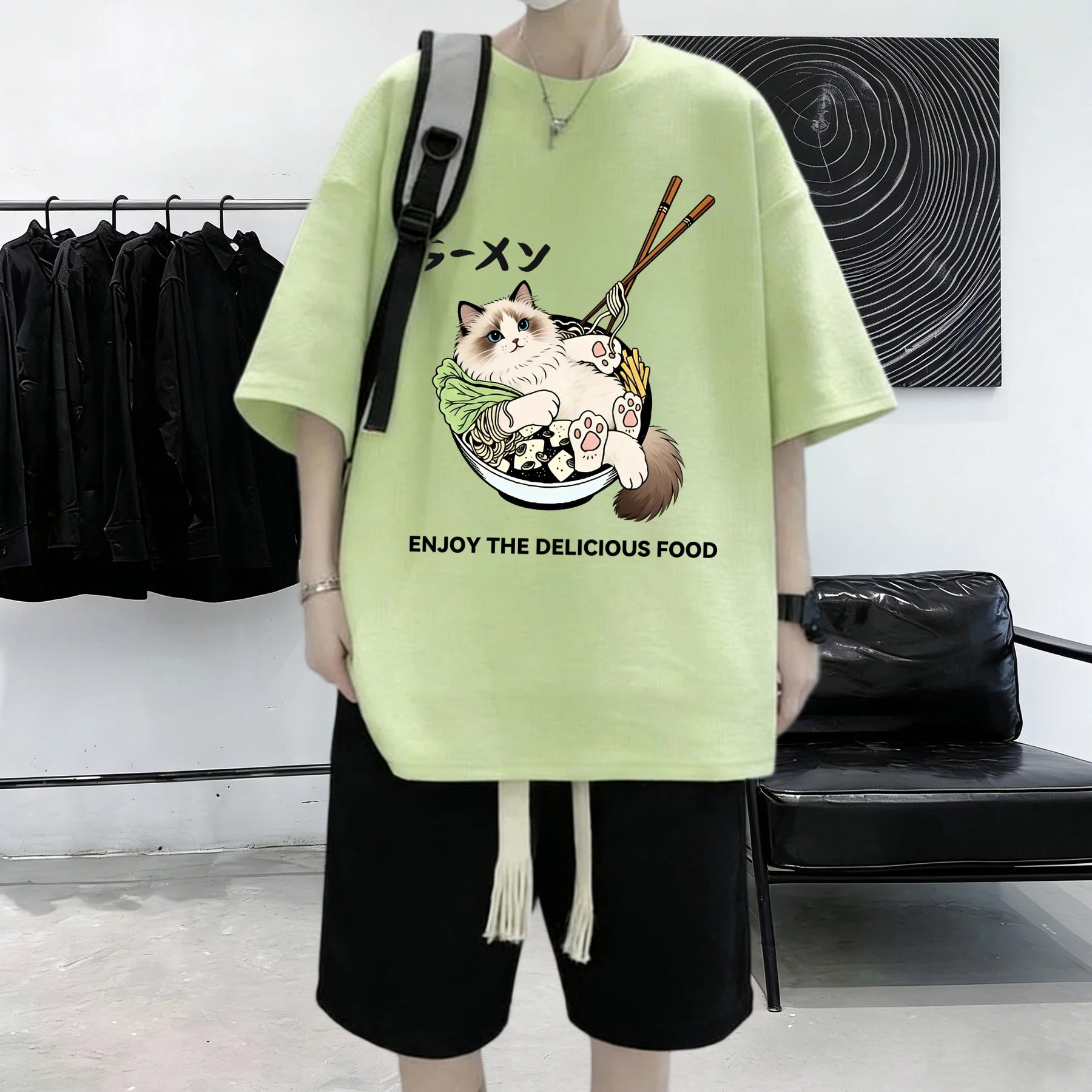 Cat Lying Down After Eating Too Much Design Man Cotton All-Match Summer Short Sleeve Basic Loose T Shirt Youth Comfortable Top