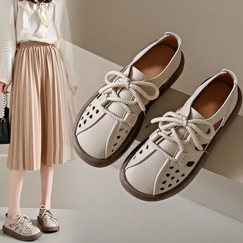 Туфли Бежевые босоножки на каблуке Мокасины без шнуровки Летние женские дышащие большие размеры Черные низкие гладиаторы на резинке 2025 Sports Com