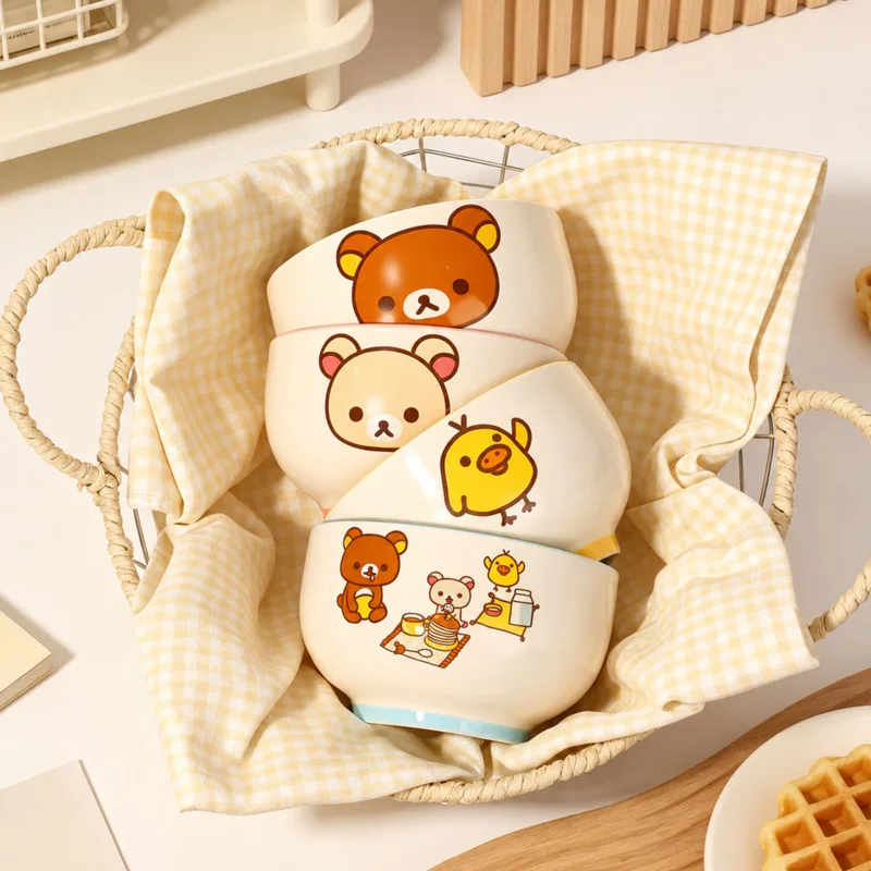 Rilakkuma Ceramic Bowl Set 4 Piece Cute Tableware Underglaze Rice Bowl Soup Bowl Home Dinnerware Gift Set For Family Kitchen Use