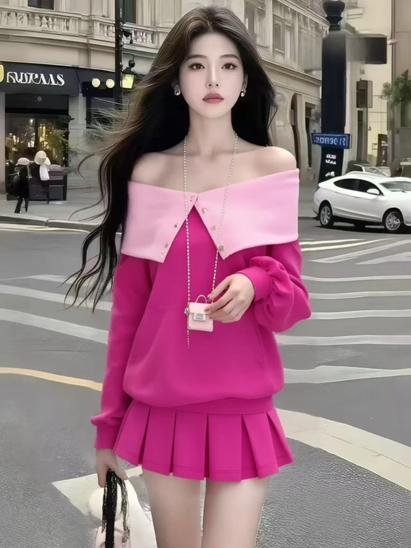 

Korean Style Dopaamine One Shoulder Sweatshirt Skirt Set Women's Autumn Fashionable Two Piece Set High Waist Short Pants
