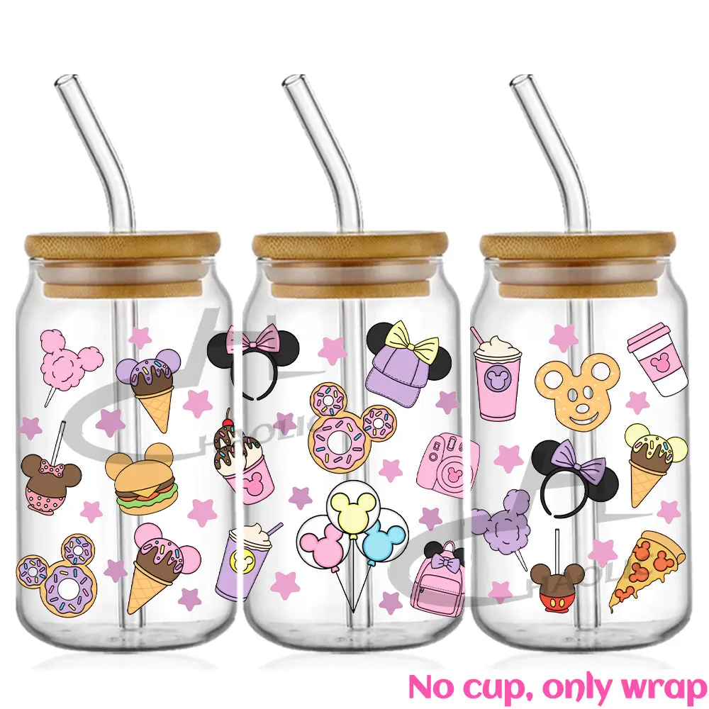 Princess Mickey Ears 16oz UV DTF Cup Wrap Cartoon Libbey Glass Beer Can Tumbler Transfer Stickers Waterproof Permanent Adhesive