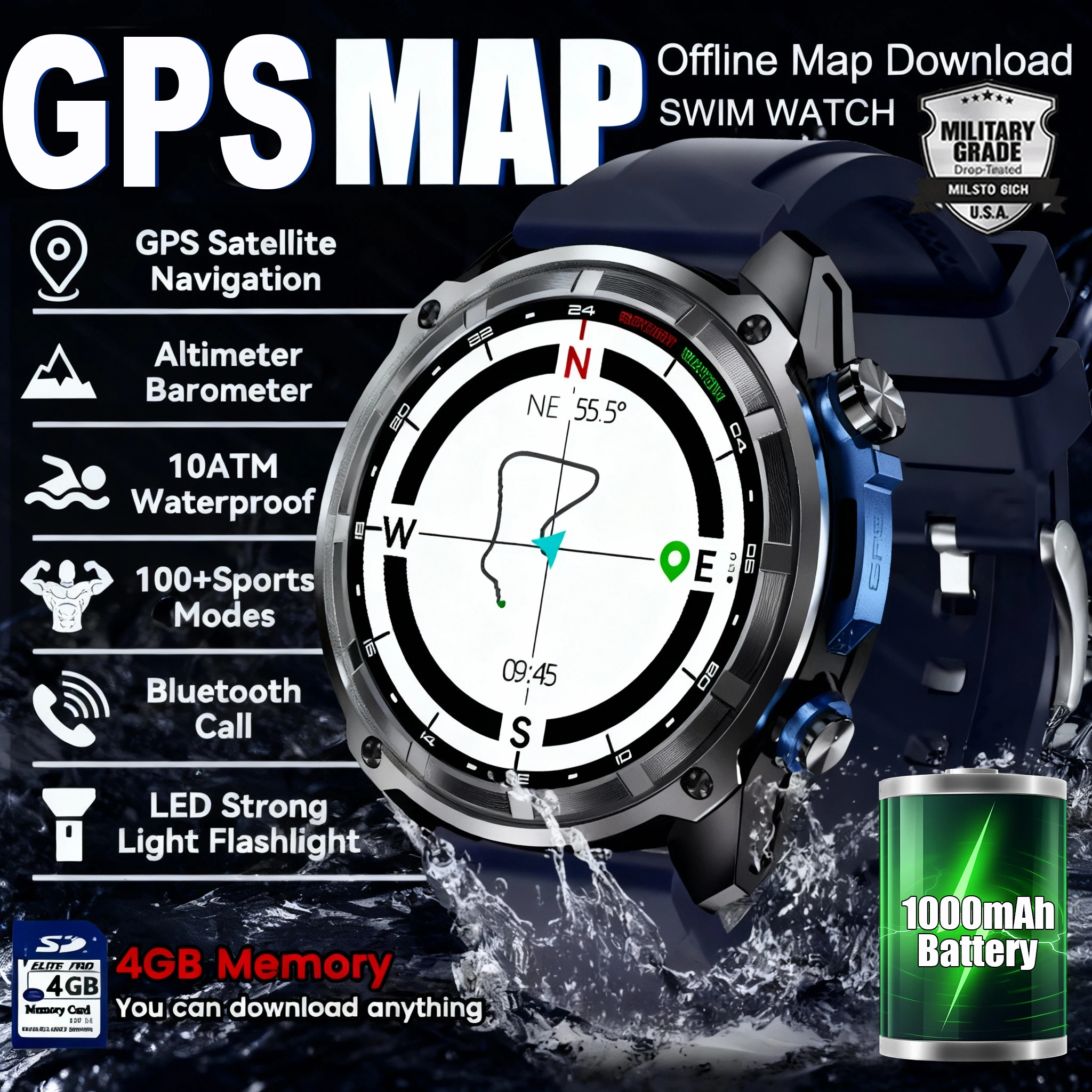 

2025 New GPS Offline Map Smart Watch 4GB Memory 1000mAh Battery Bluetooth Call 10ATM/IP69K Waterproof Swim Men Sports Smartwatch