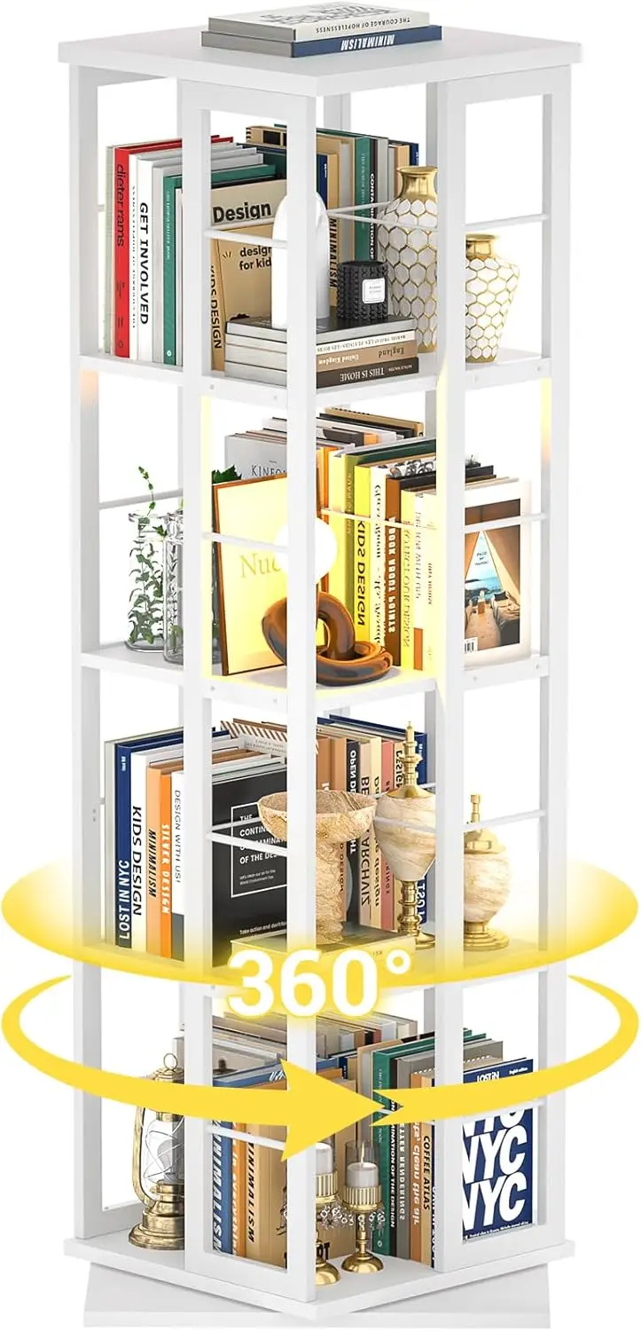 

Bookshelf, Rotating Bookshelf Corner Bookcase, 360 Wood Spinning Narrow Bookshelf, 4 Tier Floor Standing Bookcase Shelf