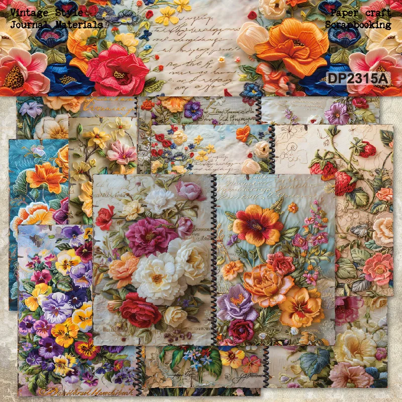 Vintage 3D Embroidery Floral Old Handwriting Script Background Scrapbook Paper Embellishment Album Junk Journal DIY Craft