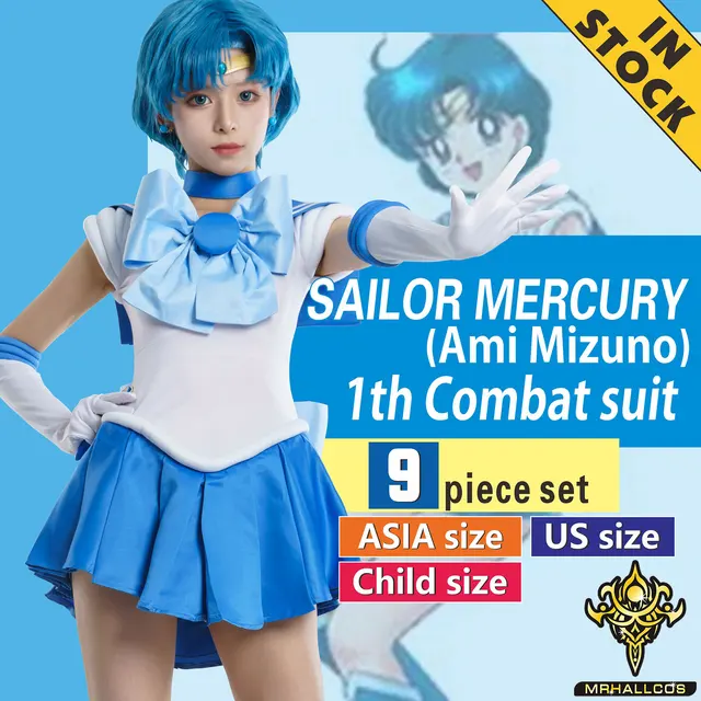 MRHALLCOS Anime Cosplay Sailor Mercury Ami Mizuno Moon Crystal Dress Outfits Costume Halloween JK Party Kid Adult Women PlusSize