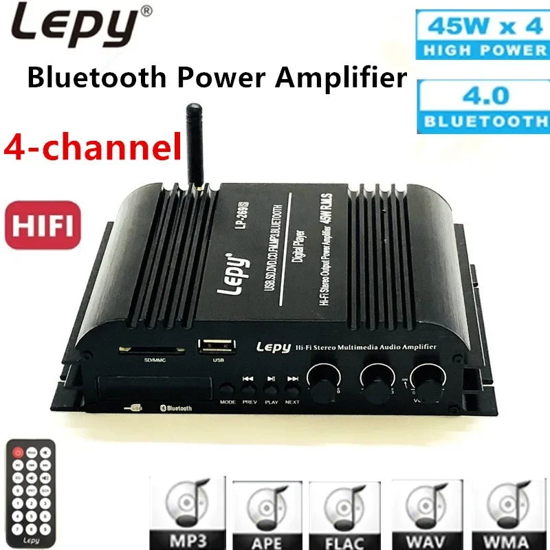 Lepy 269S HiFi Stereo Multimedia 4-Channel Bluetooth Power Amplifiers Audio Amp FM Amplifier for Car Home with 12V5A Adapter