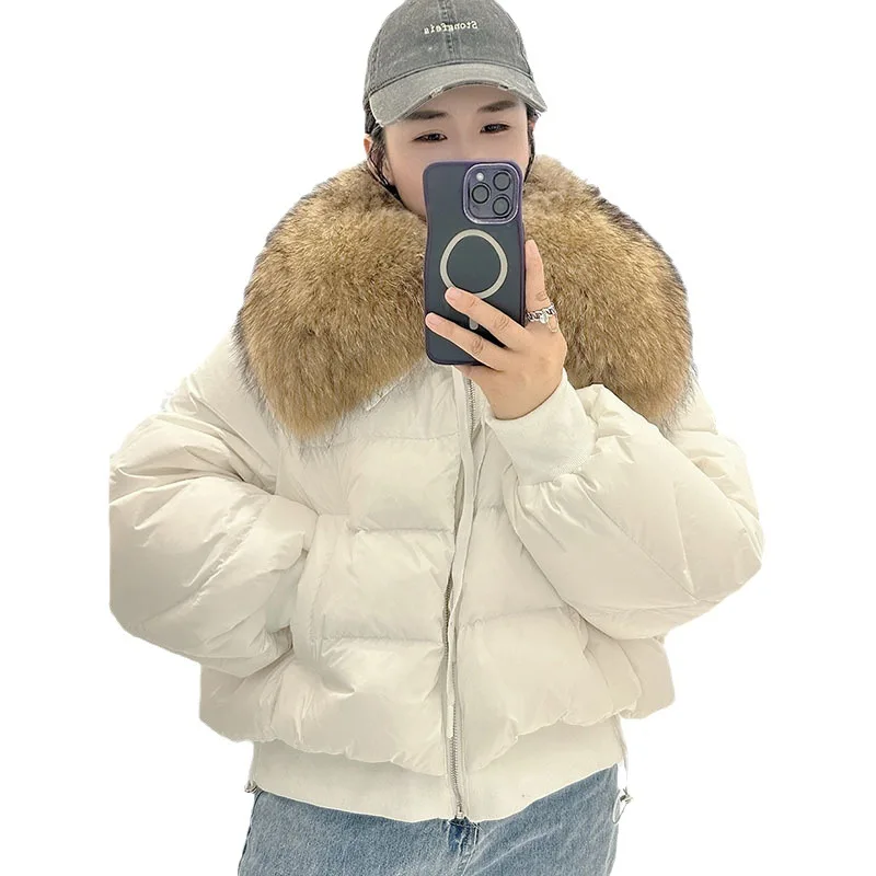 2023 Detachable Winter Jacket Women Real Natural Big Raccoon Fur Collar Thick Warm Duck Down Loose Oversize Outerwear Streetwear