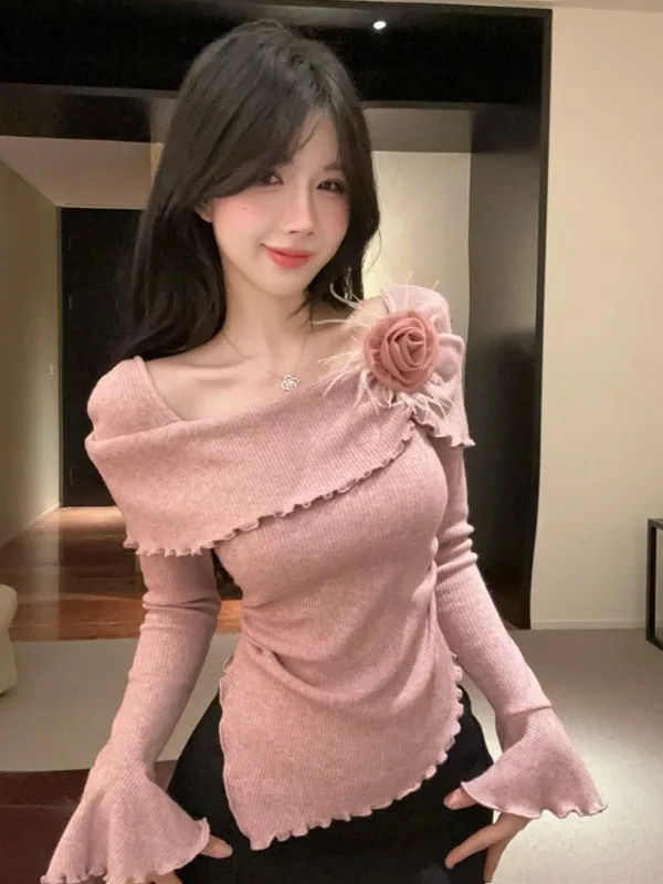 

Sweet Folded Floral Knitwear Slim Fit Square Collar Bell Sleeve Base Layer Top Gentle Wind Elegant 3D Flower Design City Walk...