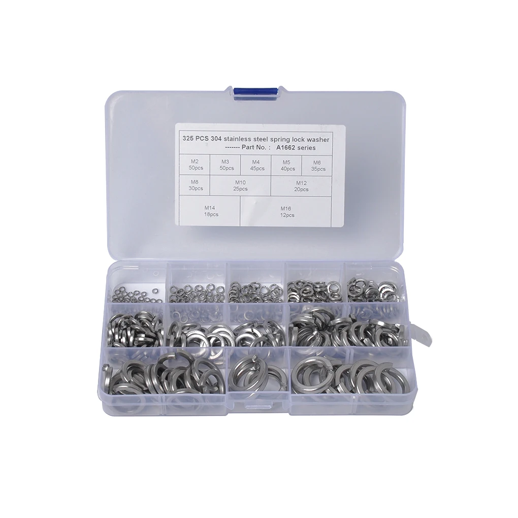 325PCS/Set Spring Washers Stainless Steel Split Lock Washers M2 M3 M4 M5 M6 M8 M10 M12 M14 M16 Car Full Kit Gaskets