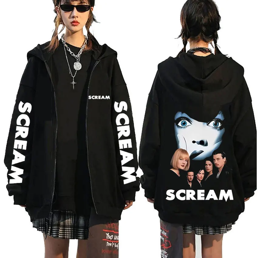 Horror Movie Scream Graphic Zipper Hoodie Billy Loomis Print Zip Up Jacket Men Women Hip Hop Vintage Oversized Zip Up Sweatshirt