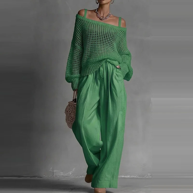 

Elegant Lady Pocket Pants Two Piece Set Chic Knitted Hollow Out Sweater And Pants Set Spring Summer New Solid Color Loose Outfit