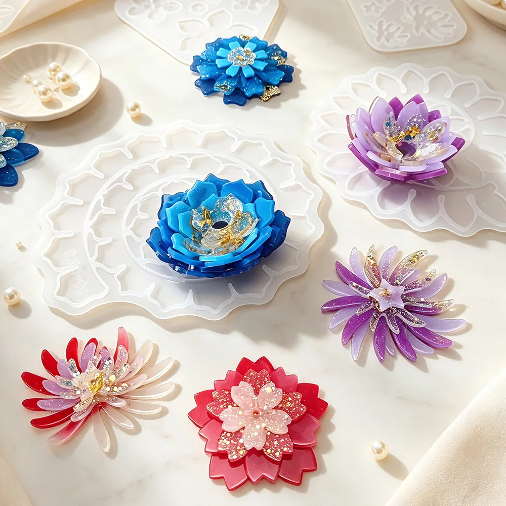 Multi-layer Flower Silicone Mold For DIY Epoxy Resin Crafting Hairpin Bag Hanging Keychains Silicone Molds