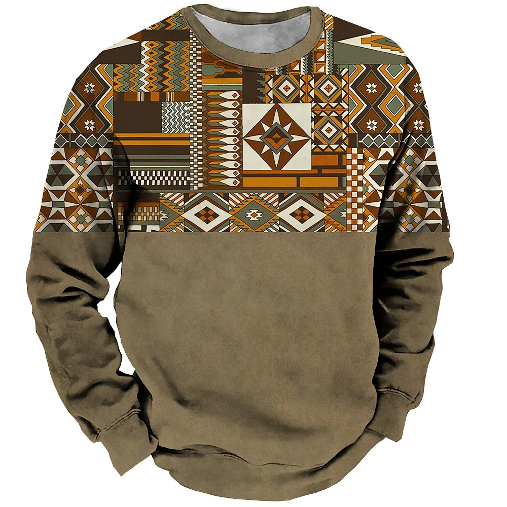 2025 Fashion Autumn Retro National Graphic 3D Print Men's Hoodless Sweatshirt Casual Breathable Round Neck Hoodie Street Clothes