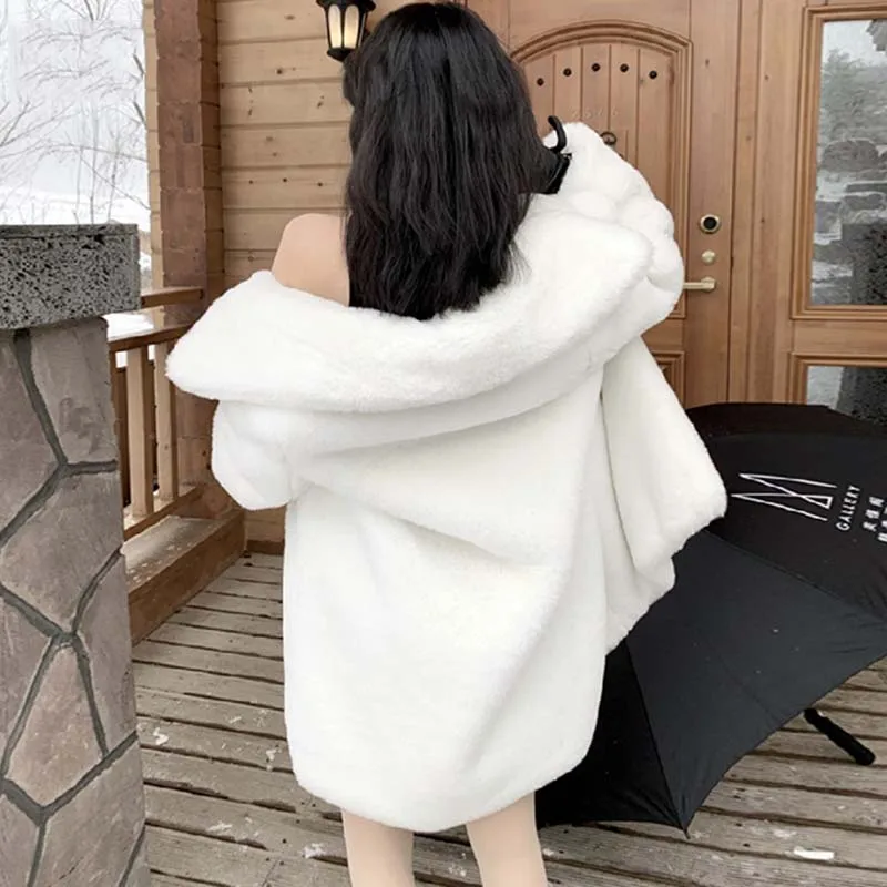 Winter Warm White Faux Fur Coat Women Long Sleeve Lapel Double Breasted Luxury Elegant Fluffy Fake Rabbit Fur Blazers