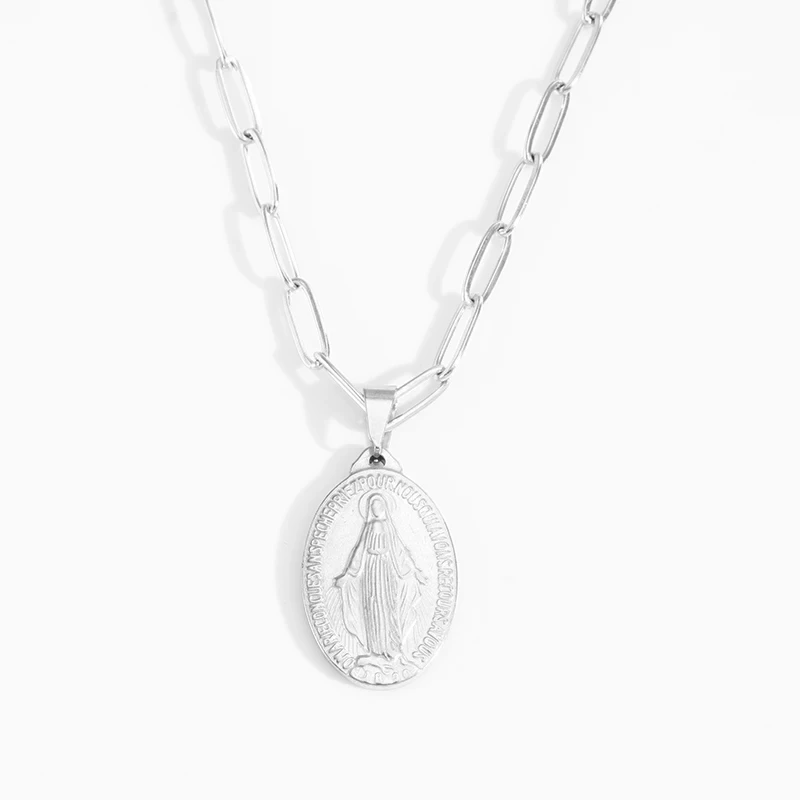 Golden Color Medalla Virgin Mary Necklace Stainless Steel Virgin Mary Pendant Necklace For Men Women Cross Medallion Choker