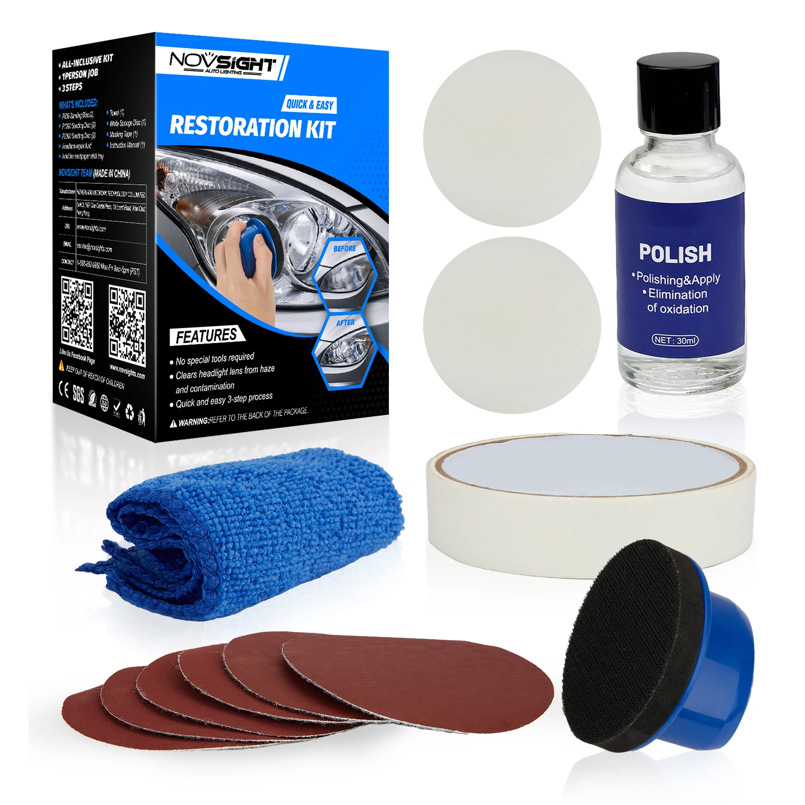 

NOVSIGHT Headlight Restoration Kit Repair Fluid Restore and Protect Headlights Cleaning Restorer Repair Polish Auto Accessories