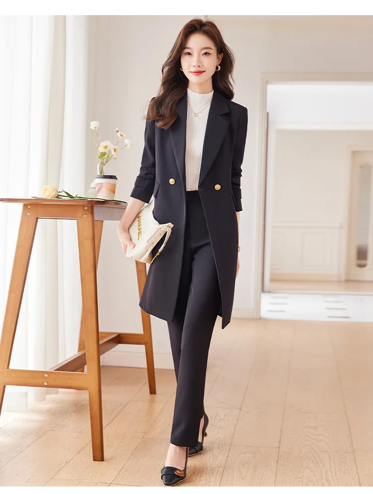 

Women Pants Suit 2023 Autumn Winter High-end Temperament Black Blue Wine Red Ladies Double Breasted Long Trench Coat 2 Piece Set