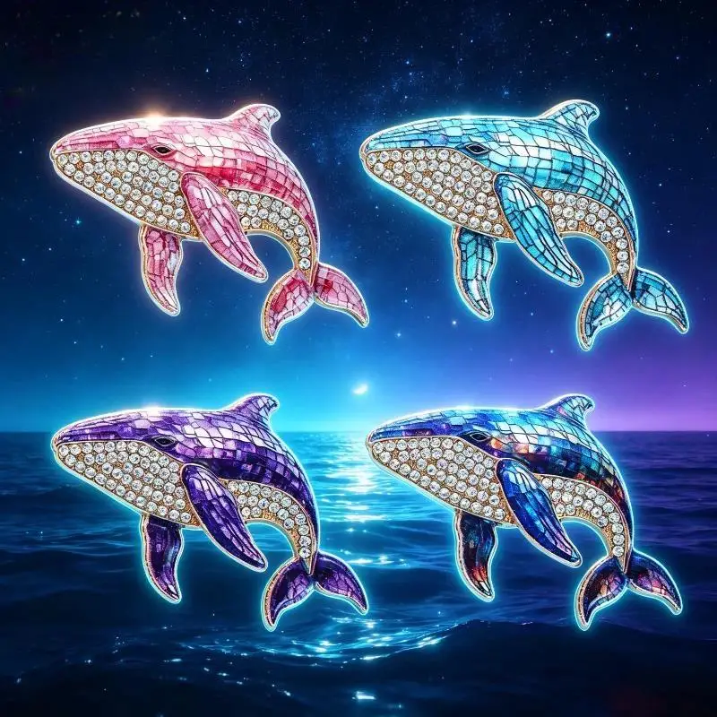 1Pc Delicate Rhinestone Whale Brooch Shiny Sea Animal Jewelry Anti-Fade Alloy Brooch for Women Anniversary Gift Choice