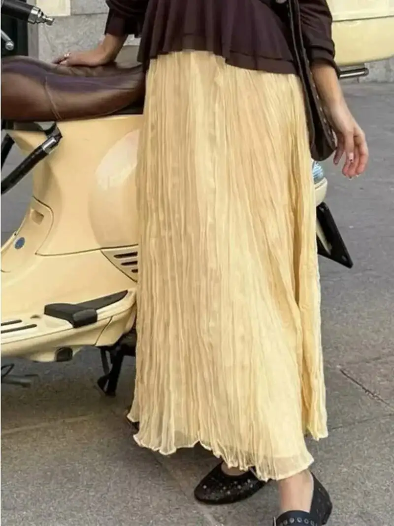 Women Crinkle A-line Midi Butter Yellow Skirt Elastic Waist Spring Summer Holiday Elegant Skirts  2026 faldas mujer OIOH