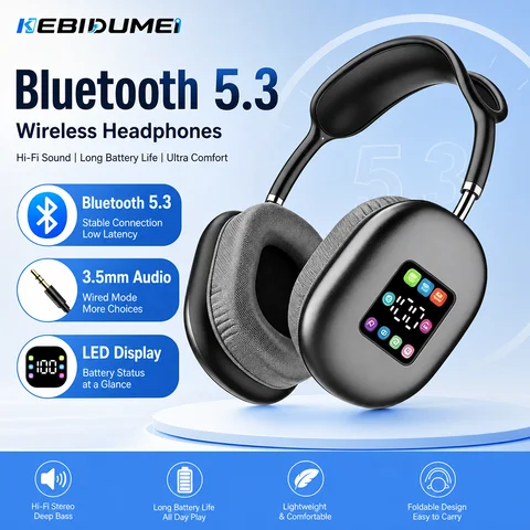 KEBIDUMEI Bluetooth 5.3 Headphones with LED Screen 3.5mm AUX Over Ear Earphones HIFI Stereo Noise Cancelling Wireless Headsets
