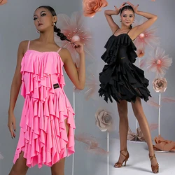 2023 Latin Dance Dress Women Ruffle Fringe Dress Sexy Rumba Samba Performance Costume Adult Practice Clothes Pink Dress DNV17497