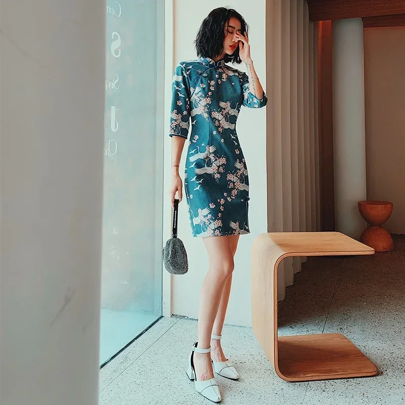 شيونغسام تشيباو كرين طباعة الصينية التقليدية الخريف الآسيوية الشارع الشهير تحسين فستان شرقي 11636 MN1