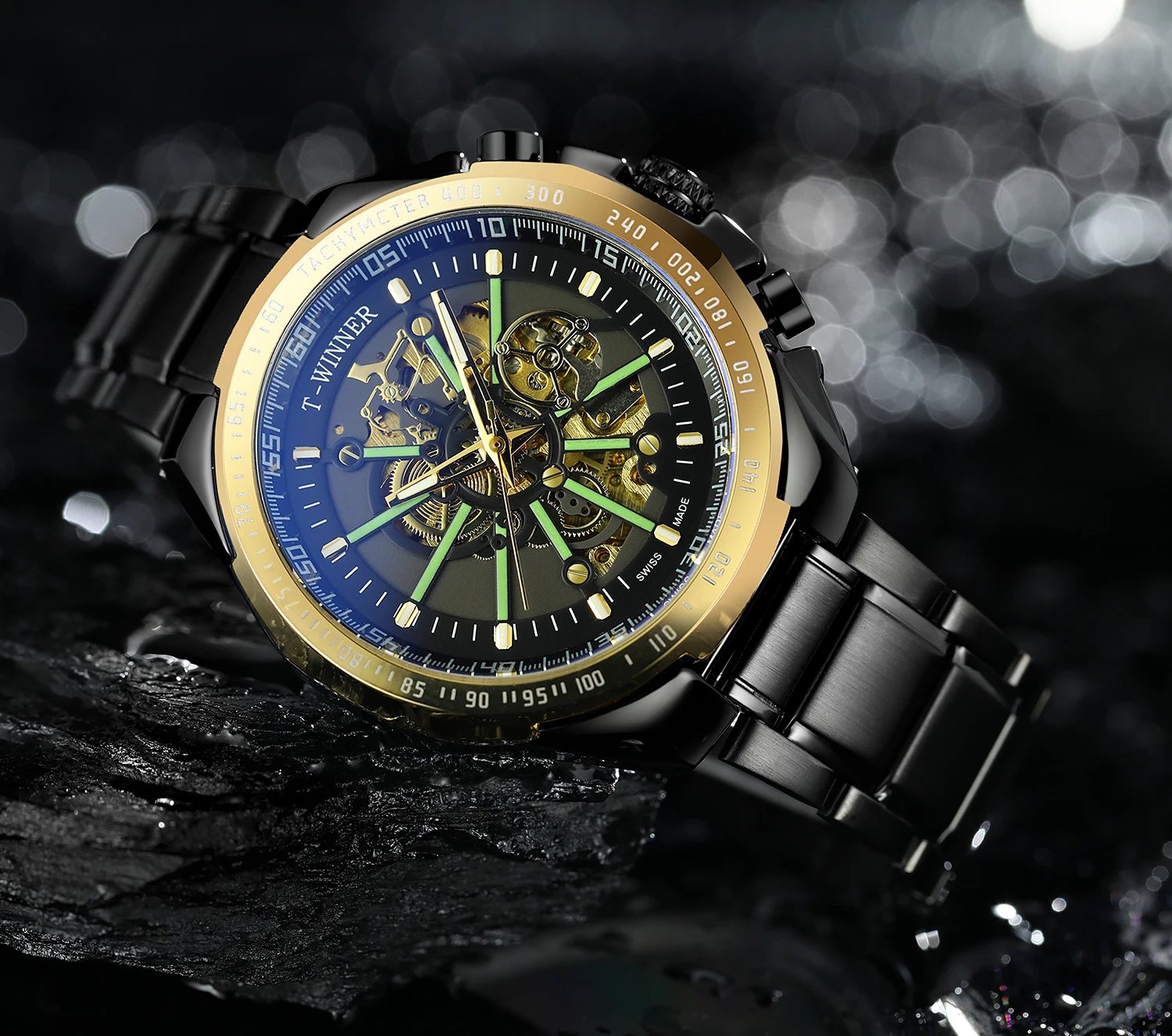 T-WINNER 新しいスポーツ発光メンズ自動スケルトン機械式時計ブルーガラス中空ダイヤルステンレス鋼男性腕時計